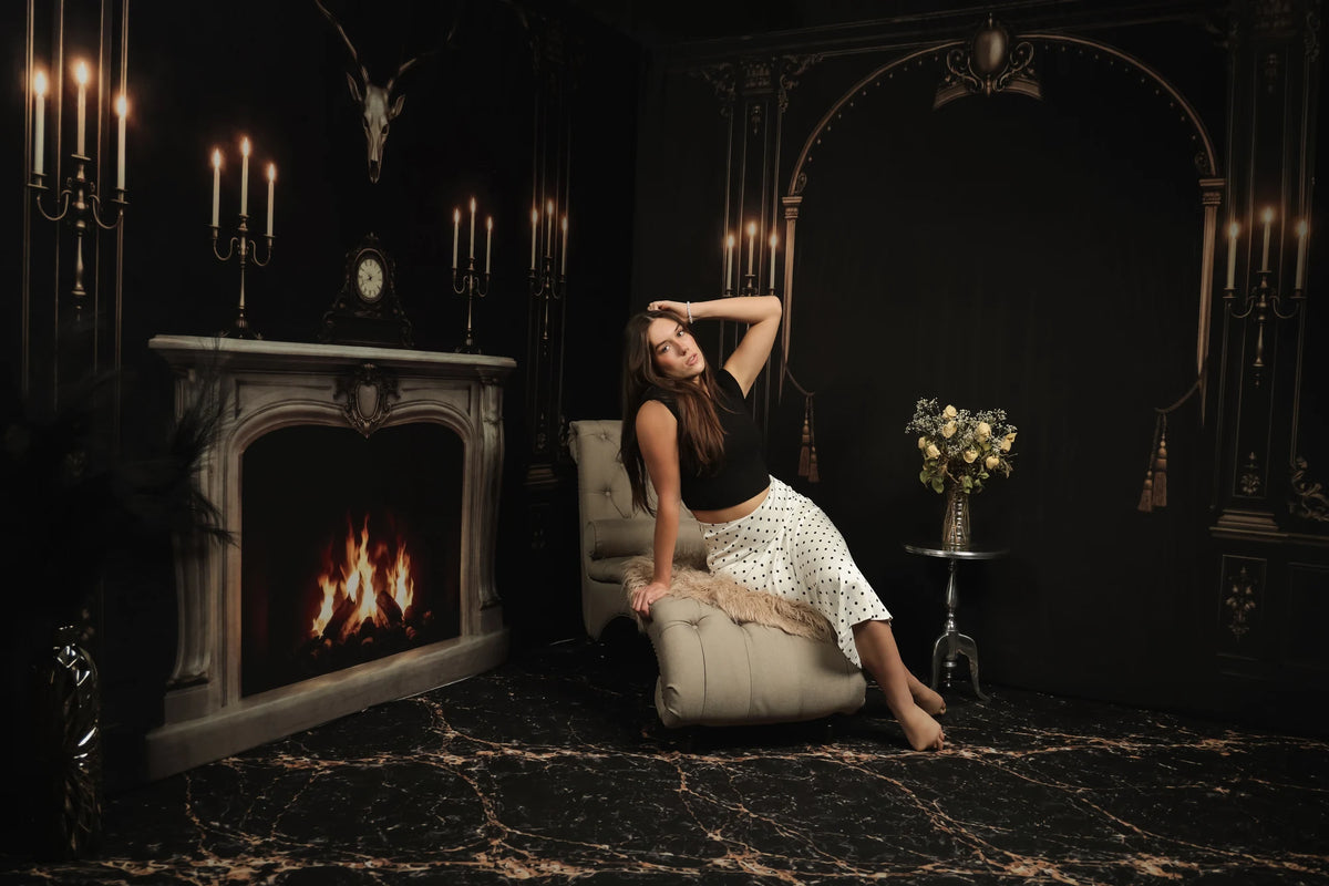 Kate Dark Vintage Arch Candlestick Wall Panel Printed Backdrop Room Set