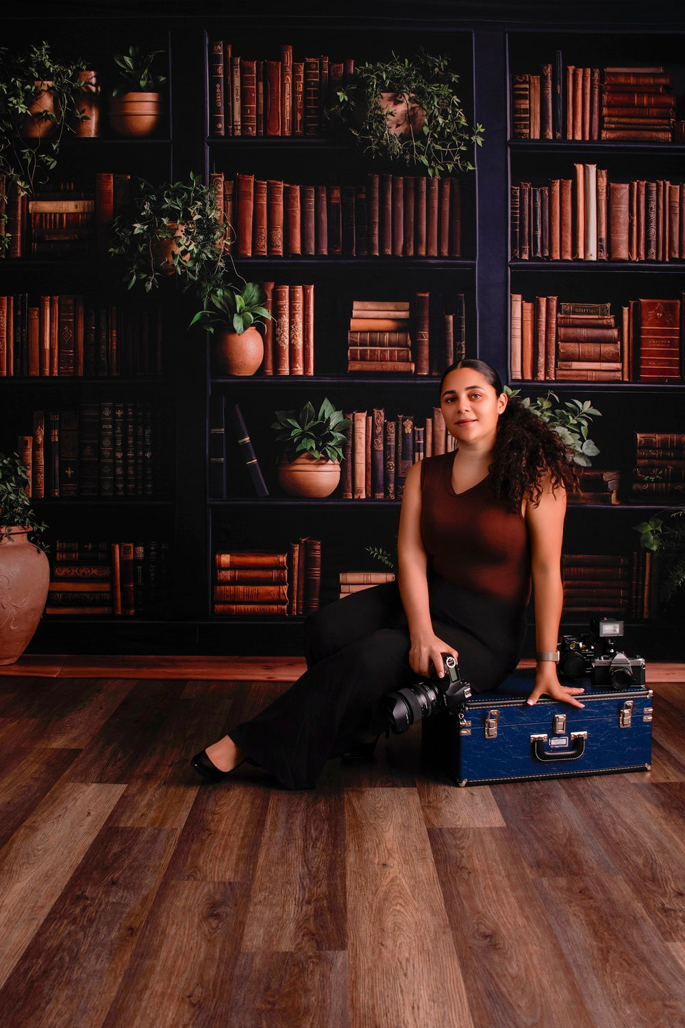 Kate Bookshelf With Potted Plants And Vintage Books Printed Backdrop Designed by Emetselch