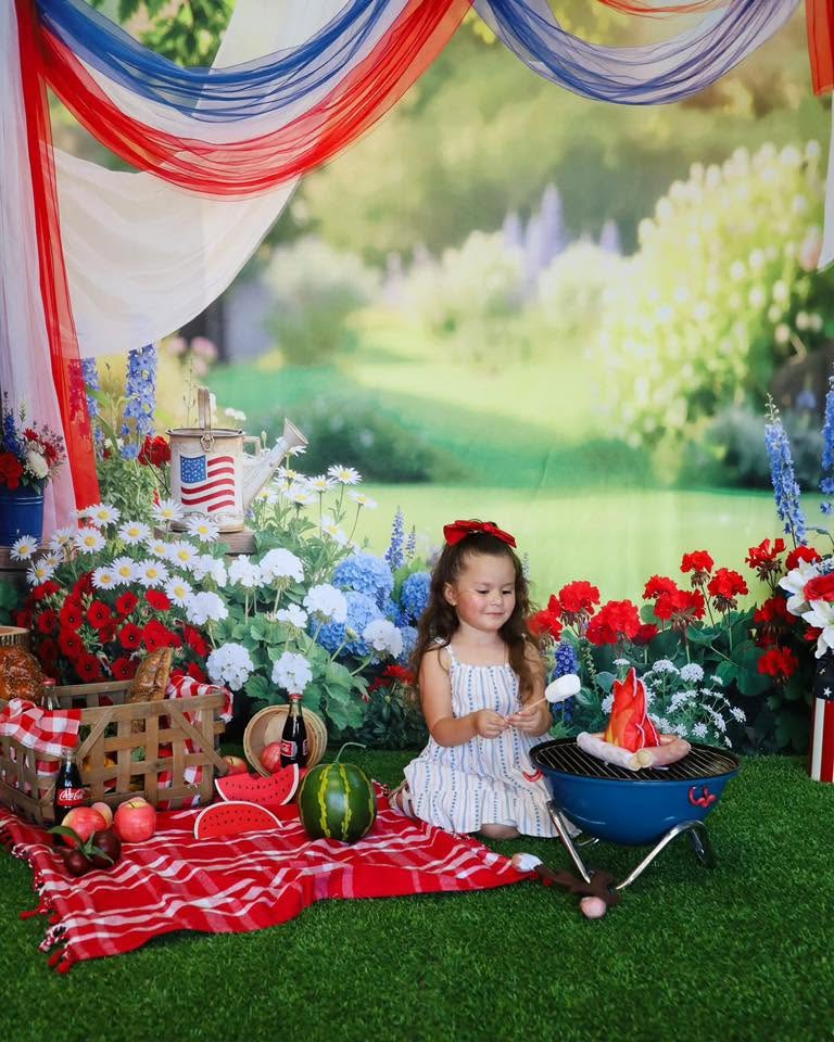 Kate 4th Of July Patriotic Red White Blue Drapes Garden Flowers Printed Backdrop Designed by Emetselch