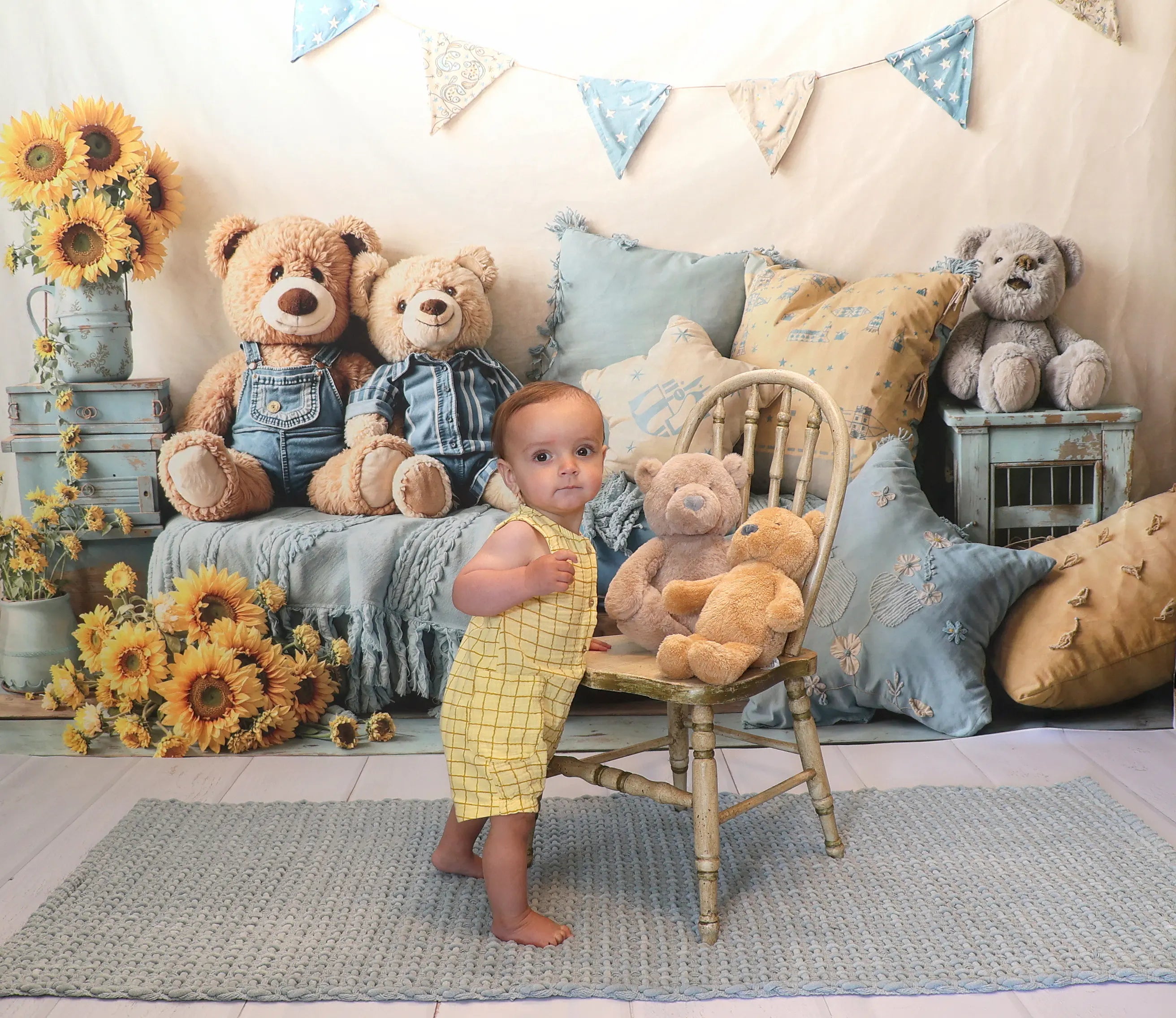 Kate Teddy Bears Sofa Sunflowers Blue Pillows Printed Backdrop Designed by Emetselch