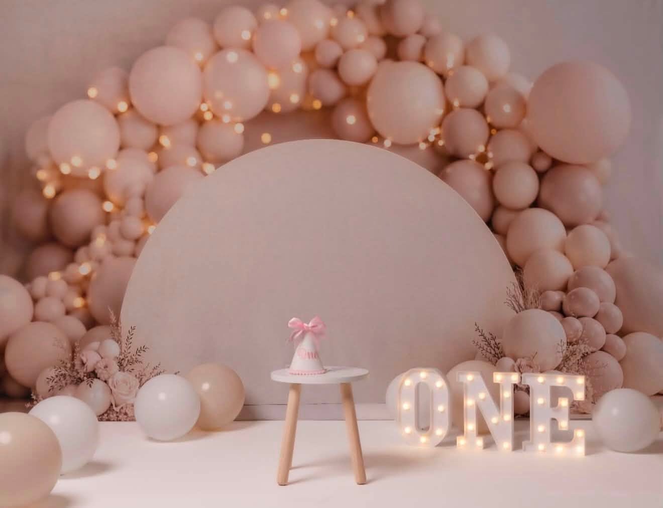 Kate Cake Smash Neutral Balloon Garland with Flowers and Lights Printed Backdrop Designed by Emetselch