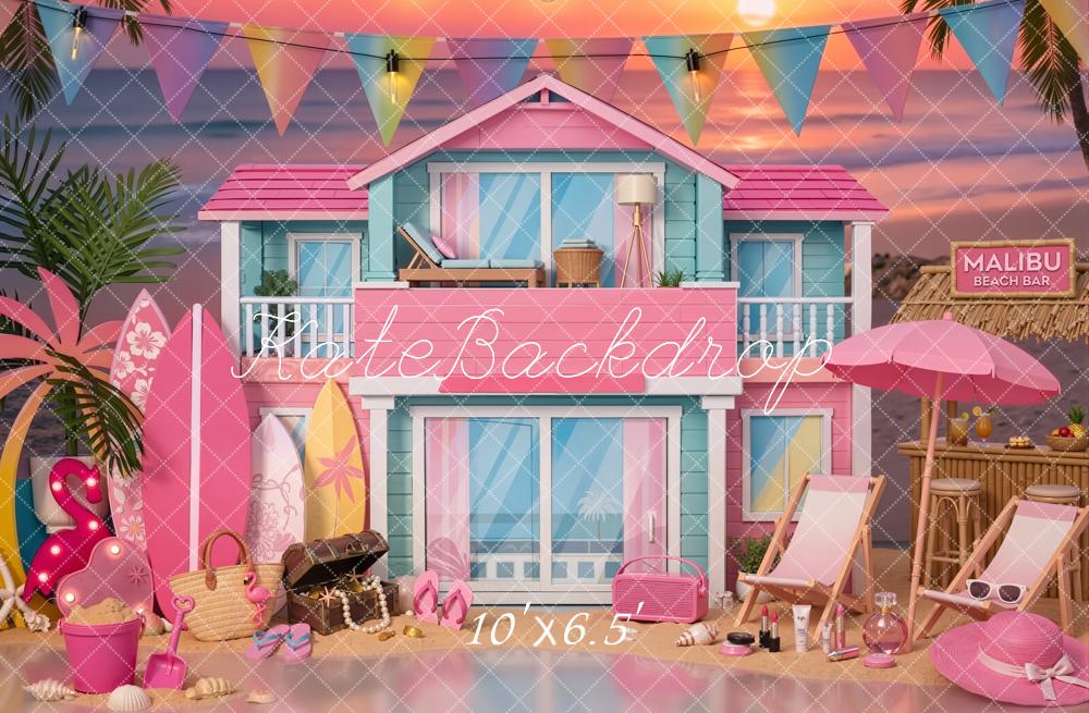 Kate Fashion Doll Malibu Beach House Surfboards Palm Trees Sunset Printed Backdrop Designed by Emetselch