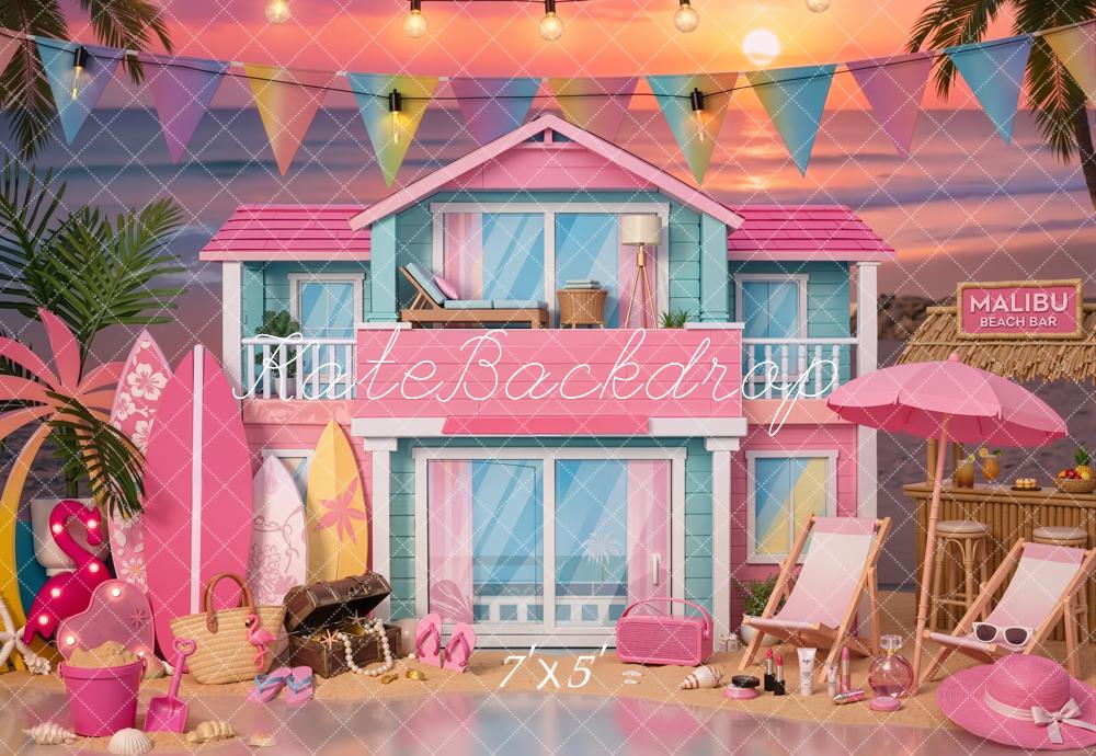 Kate Fashion Doll Malibu Beach House Surfboards Palm Trees Sunset Printed Backdrop Designed by Emetselch