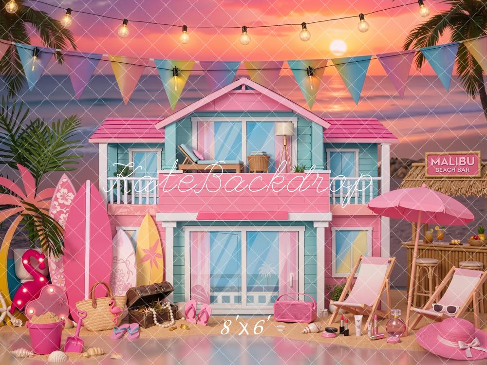 Kate Fashion Doll Malibu Beach House Surfboards Palm Trees Sunset Printed Backdrop Designed by Emetselch