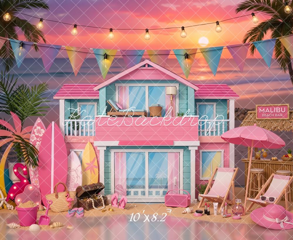 Kate Fashion Doll Malibu Beach House Surfboards Palm Trees Sunset Printed Backdrop Designed by Emetselch