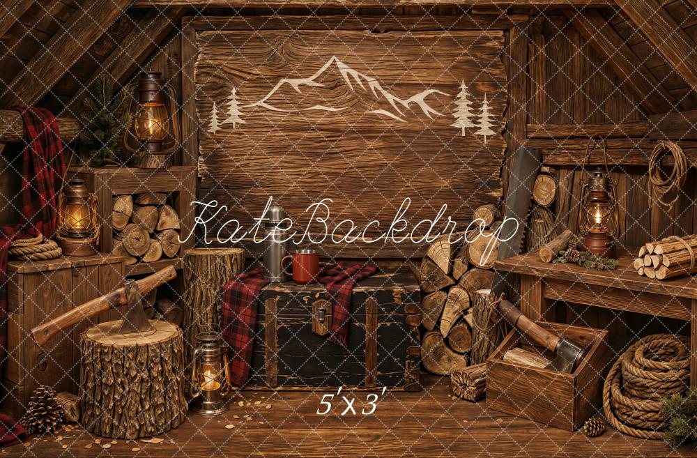 Kate Father's Day Rustic Cabin Wood Logs Lanterns Mountain Printed Backdrop Designed by Emetselch