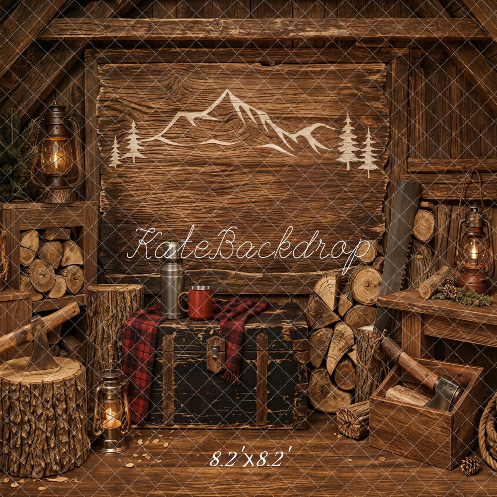 Kate Father's Day Rustic Cabin Wood Logs Lanterns Mountain Printed Backdrop Designed by Emetselch