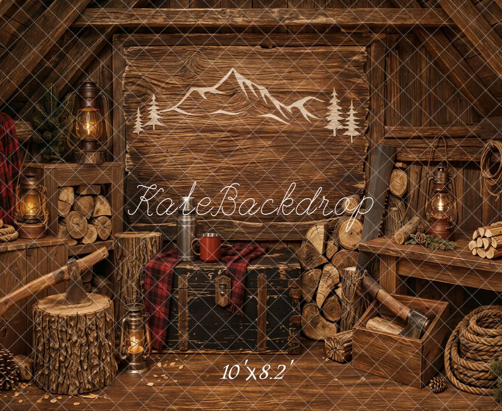 Kate Father's Day Rustic Cabin Wood Logs Lanterns Mountain Printed Backdrop Designed by Emetselch
