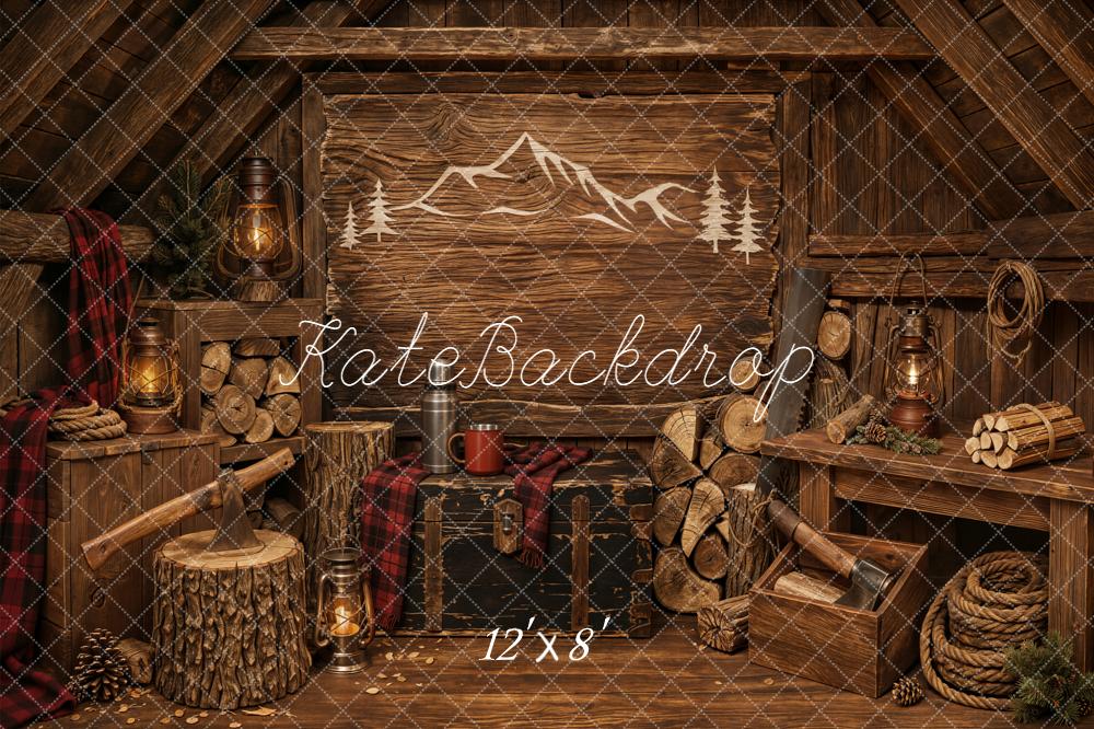 Kate Father's Day Rustic Cabin Wood Logs Lanterns Mountain Printed Backdrop Designed by Emetselch
