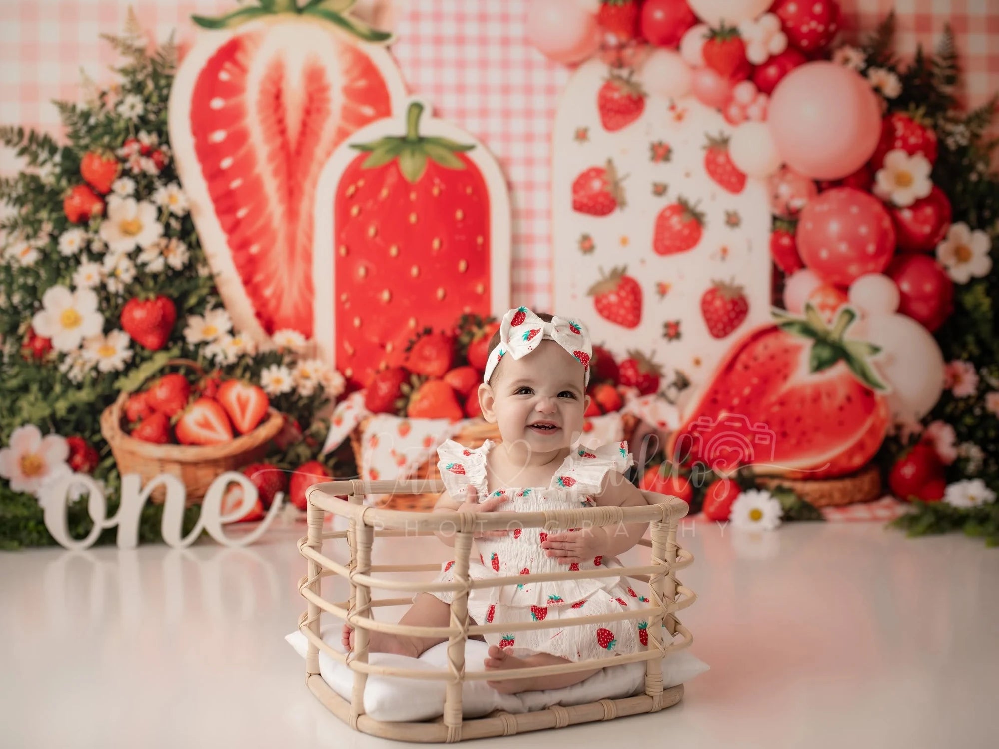 Kate Summer Strawberry Picnic Baskets Pink Checkered Balloons Printed Backdrop Designed by Emetselch