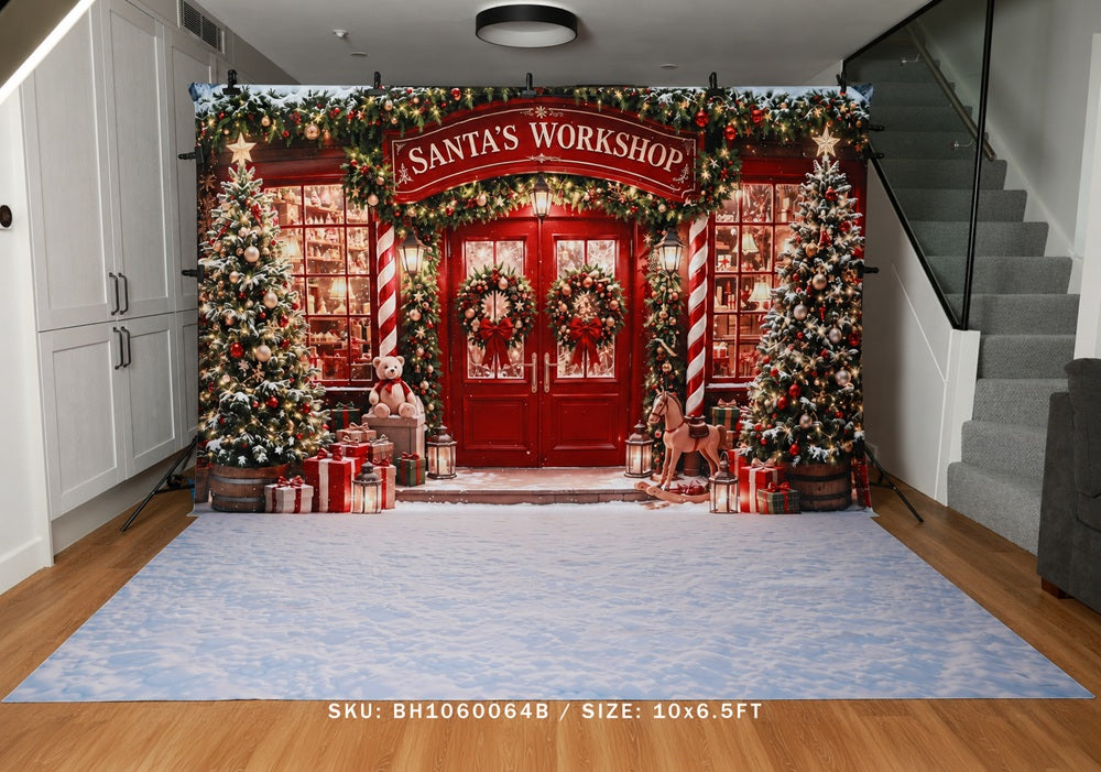 RTS Kate Christmas Santa's Workshop Red Door Trees Presents Printed Backdrop Designed by Emetselch (US ONLY)