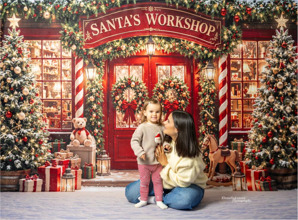 RTS Kate Christmas Santa's Workshop Red Door Trees Presents Printed Backdrop Designed by Emetselch (US ONLY)