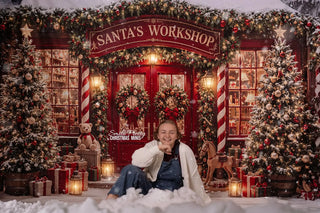 Kate Christmas Santa's Workshop Red Door Trees Presents Printed Backdrop Designed by Emetselch