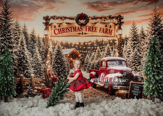 Kate Christmas Tree Farm Red Truck Snowy Pine Trees Printed Backdrop Designed by Emetselch