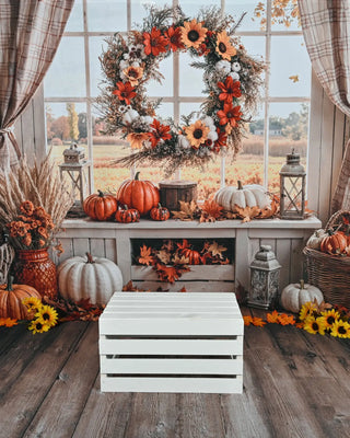 Kate Fall Pumpkin Wreath Window Sunflowers Printed Backdrop Designed by Emetselch