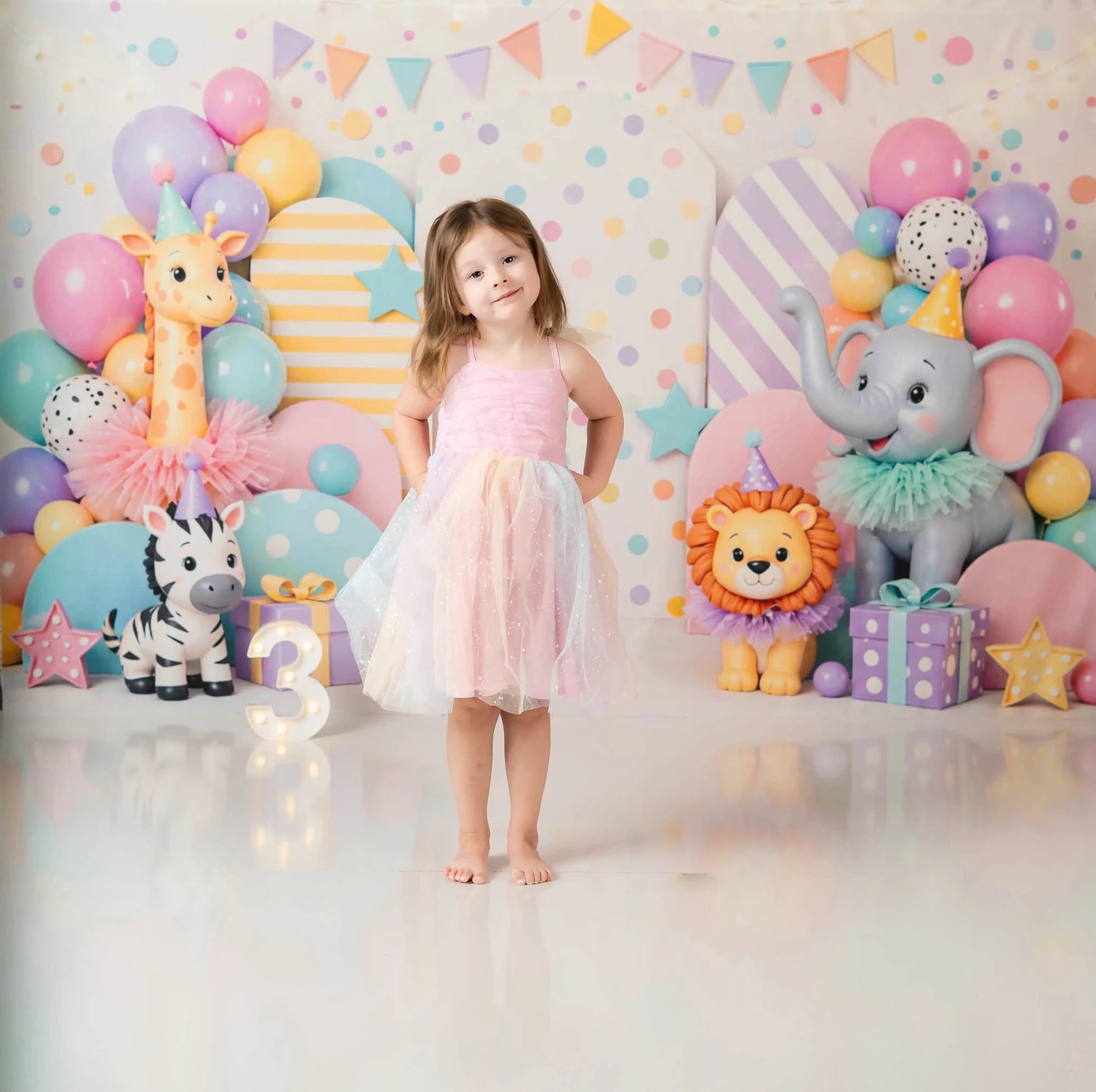 Kate Cake Smash Circus Animal Balloons Stars Pastel Printed Backdrop Designed by Mini MakeBelieve