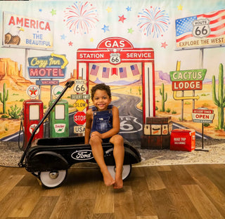Kate Route 66 Gas Station Desert Motel Fireworks Printed Backdrop Designed by Patty Roberts