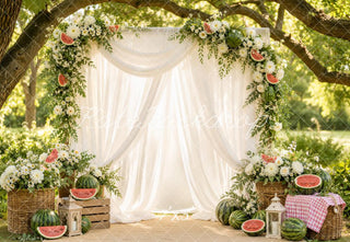 Kate Summer Branch Arch White Drapes Watermelon Floral Printed Backdrop Designed by Emetselch