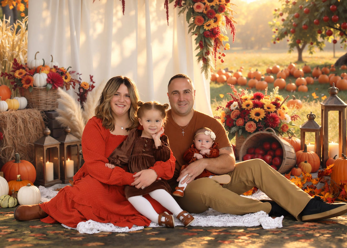 Kate Fall Sunflower Branch Arch Drapes Pumpkins Apples Lanterns Picnic Printed Backdrop Designed by Mini MakeBelieve