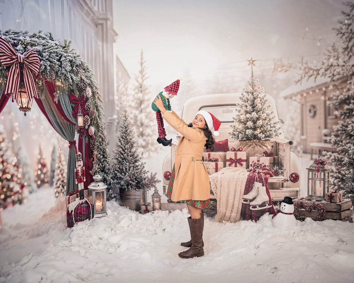 Kate Christmas Arch Bow Drapes Nutcracker Lanterns Trees Snow Printed Backdrop Designed by Emetselch