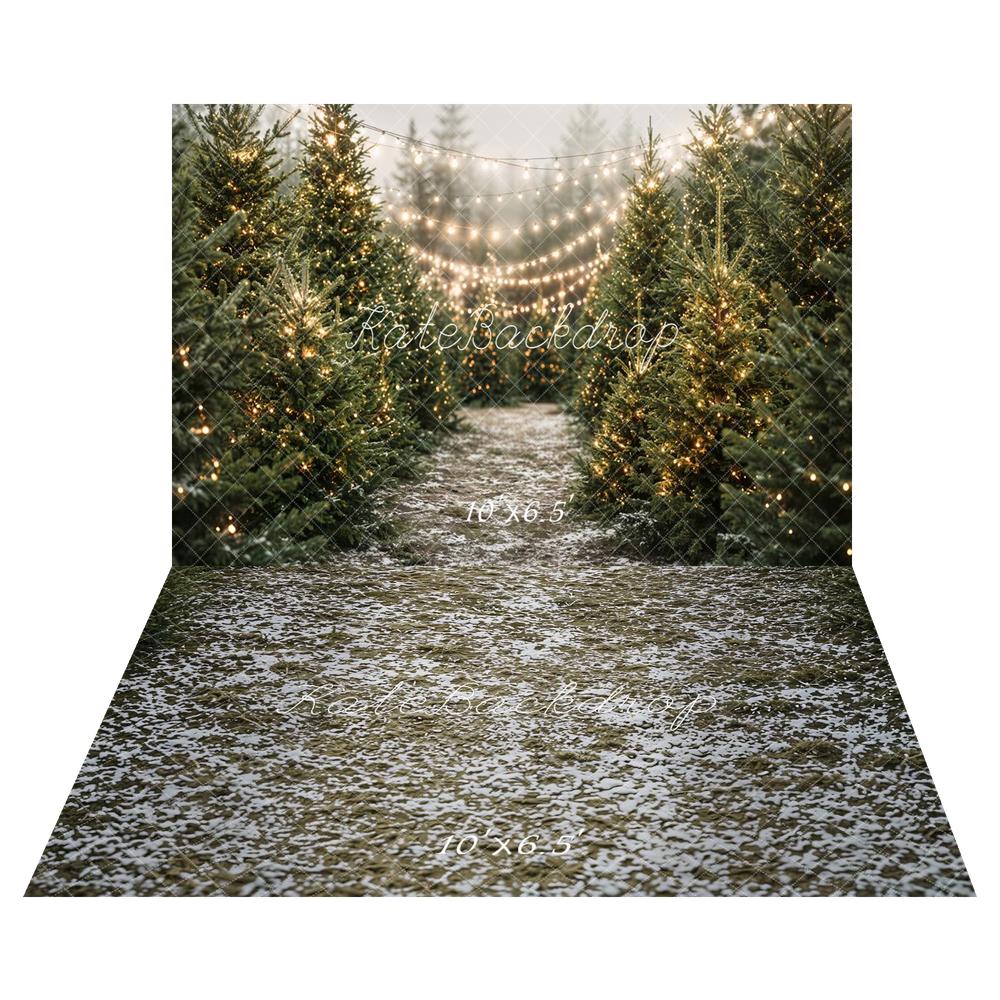 Kate Christmas Pine Tree Forest String Lights Printed Backdrop+Snowy Ground Dry Grass Floor Printed Backdrop