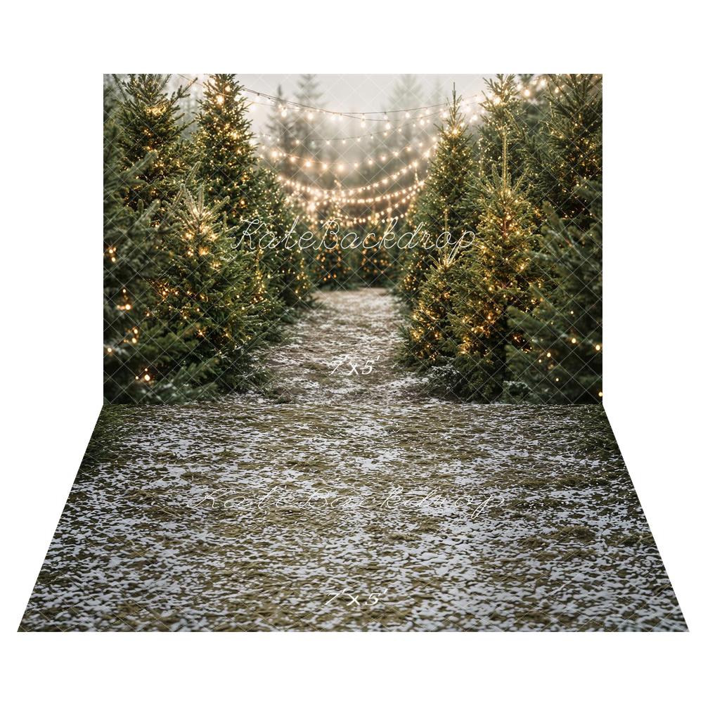 Kate Christmas Pine Tree Forest String Lights Printed Backdrop+Snowy Ground Dry Grass Floor Printed Backdrop
