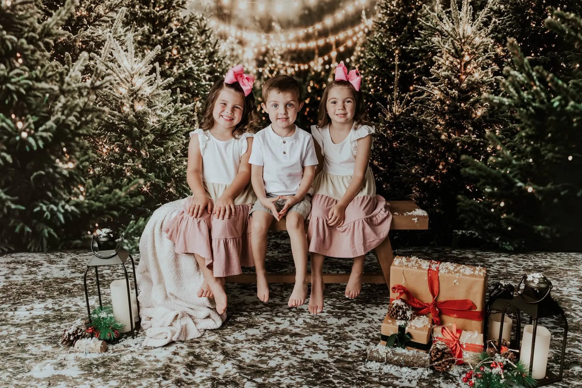 Kate Christmas Pine Tree Forest String Lights Printed Backdrop+Snowy Ground Dry Grass Floor Printed Backdrop