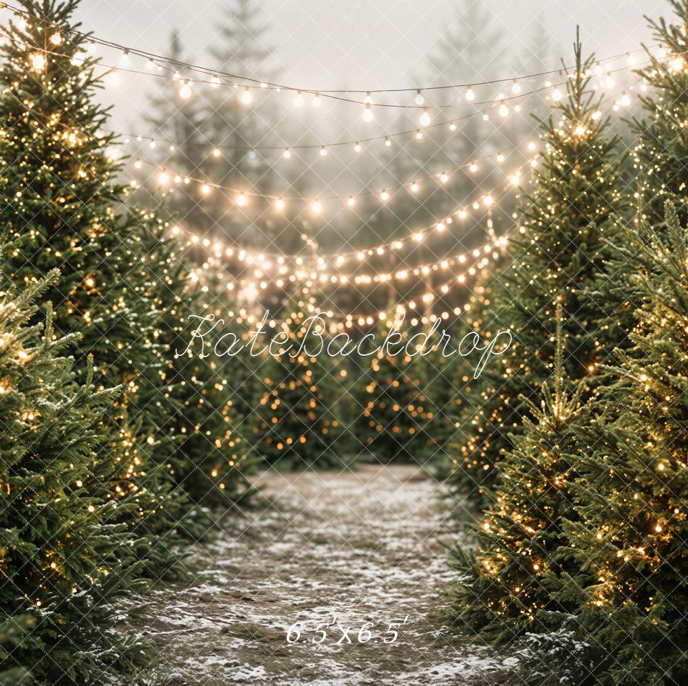 Kate Christmas Pine Tree Forest String Lights Printed Backdrop Designed by Emetselch