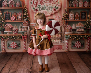 Kate Christmas Gingerbread Bakery Shop Candy Display Striped Wall Printed Backdrop Designed by Emetselch