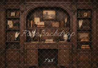 Kate Vintage Dark Wood Bookshelves Desk Cabinet Printed Backdrop Designed by Vertigo Productions