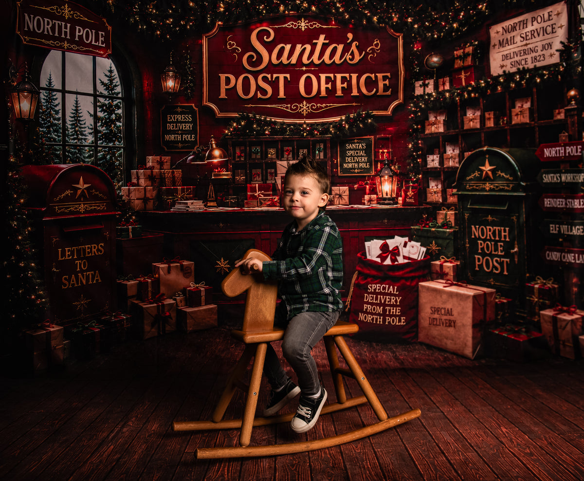 Kate Christmas Santa's Post Office North Pole Gifts Printed Backdrop+Brown Wood Plank Floor Printed Backdrop