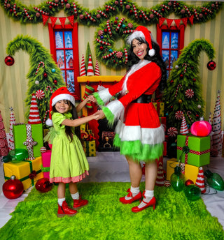 Kate Christmas Whimsical Fireplace Trees Presents Green Wall Printed Backdrop Designed by Mini MakeBelieve