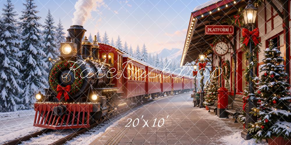 Kate Christmas Red Polar Train Station Snowy Trees Printed Backdrop Designed by Emetselch