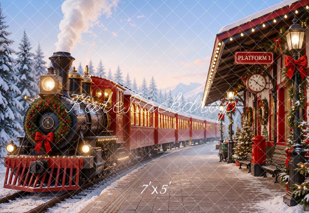 Kate Christmas Red Polar Train Station Snowy Trees Printed Backdrop Designed by Emetselch