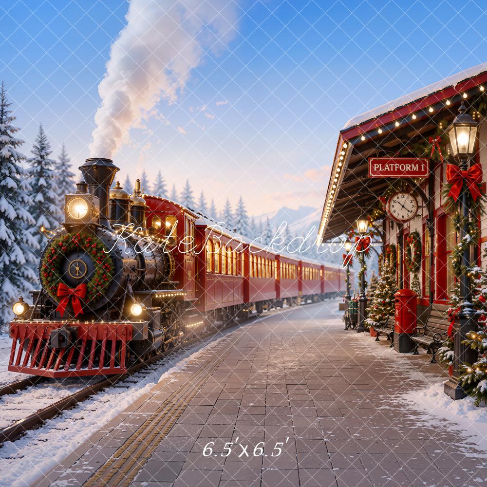 Kate Christmas Red Polar Train Station Snowy Trees Printed Backdrop Designed by Emetselch