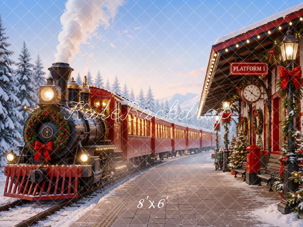Kate Christmas Red Polar Train Station Snowy Trees Printed Backdrop Designed by Emetselch