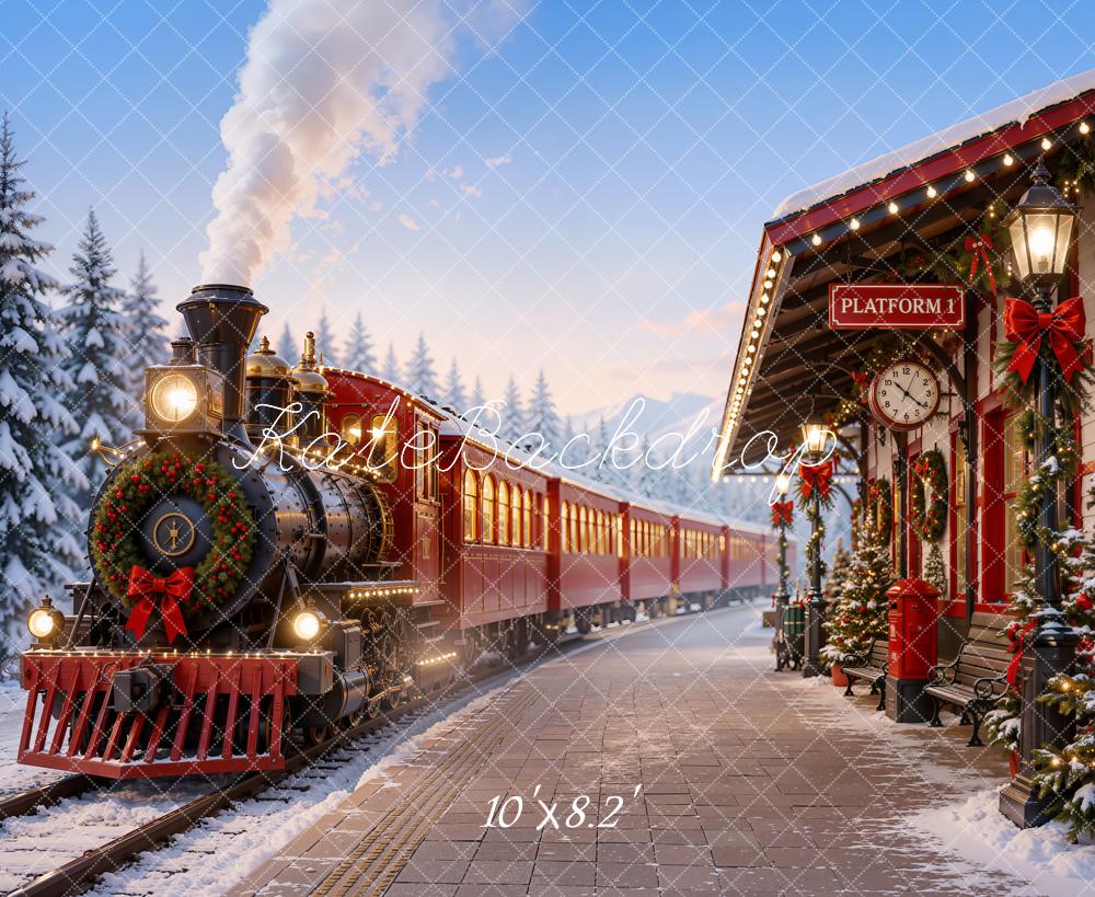 Kate Christmas Red Polar Train Station Snowy Trees Printed Backdrop Designed by Emetselch