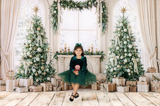 Kate Christmas Trees Fireplace Arched Windows White Curtains Printed Backdrop Designed by Emetselch