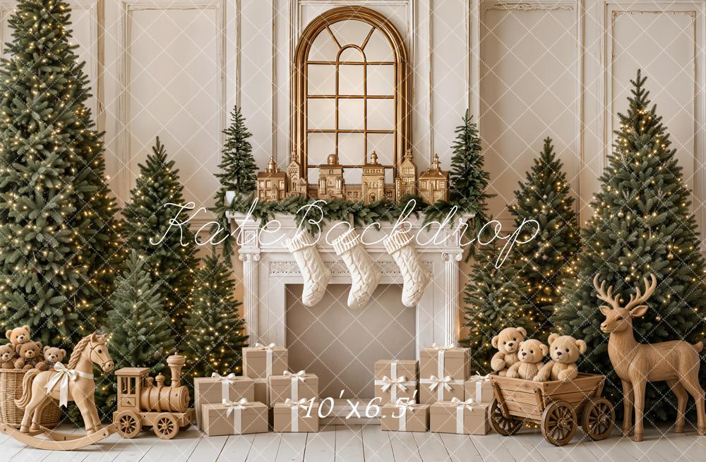 Kate Christmas Fireplace Trees Gifts Wood Reindeer Rocking Horse Printed Backdrop Designed by Emetselch