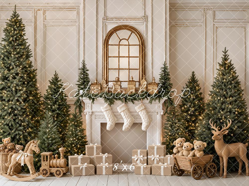 Kate Christmas Fireplace Trees Gifts Wood Reindeer Rocking Horse Printed Backdrop Designed by Emetselch