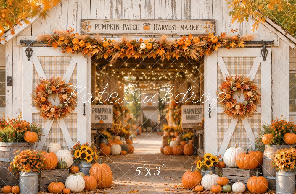 Kate Fall White Barn Pumpkin Harvest Wreath Printed Backdrop Designed by Emetselch
