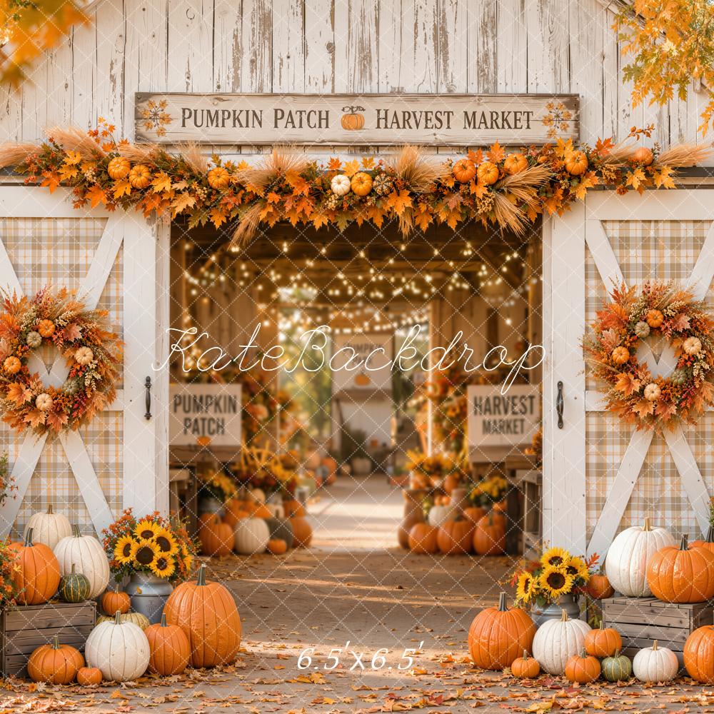 Kate Fall White Barn Pumpkin Harvest Wreath Printed Backdrop Designed by Emetselch