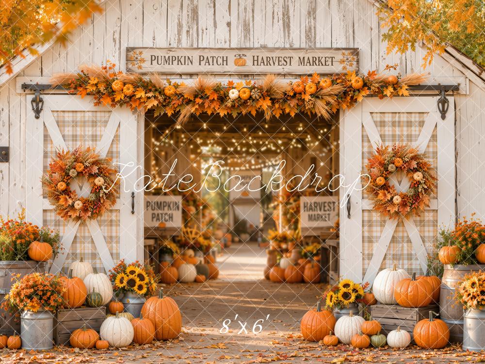Kate Fall White Barn Pumpkin Harvest Wreath Printed Backdrop Designed by Emetselch
