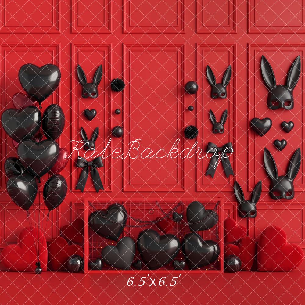 Kate Valentine's Day Boudoir Black Bunny Balloons Red Wall Hearts Printed Backdrop Designed by Patty Roberts