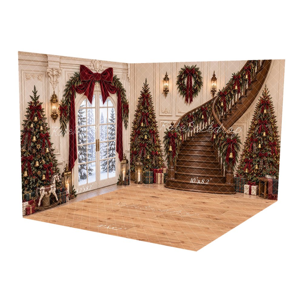 Kate Christmas Decorated Cascading Stairs Christmas Trees Red Bow Arch Window Printed Backdrop Room Set