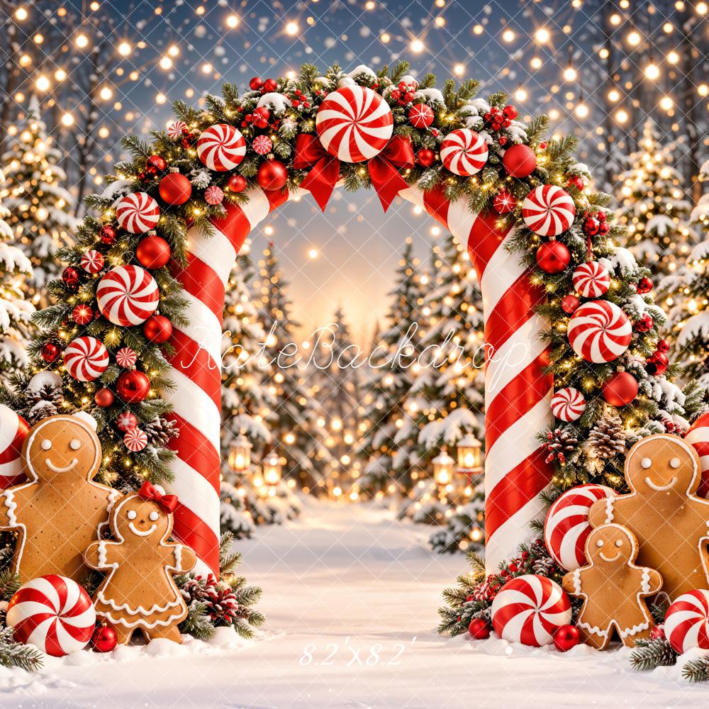Kate Christmas Candy Cane Arch Gingerbread Snowy Forest Printed Backdrop Designed by Emetselch