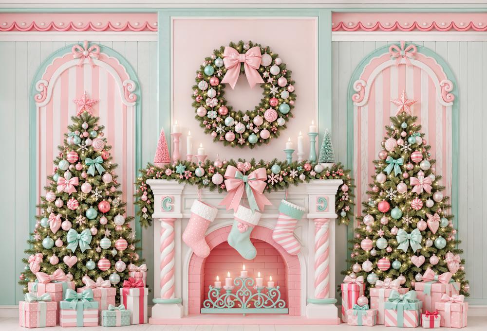 Kate Christmas Pastel Candy Cane Fireplace Wreath Trees Matte UV Printed Vinyl Backdrop