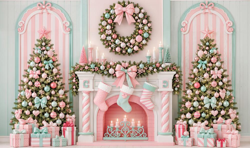 Kate Christmas Pastel Candy Cane Fireplace Wreath Trees Matte UV Printed Vinyl Backdrop