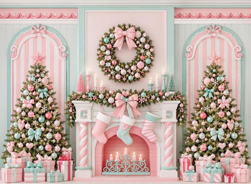 Kate Christmas Pastel Candy Cane Fireplace Wreath Trees Matte UV Printed Vinyl Backdrop