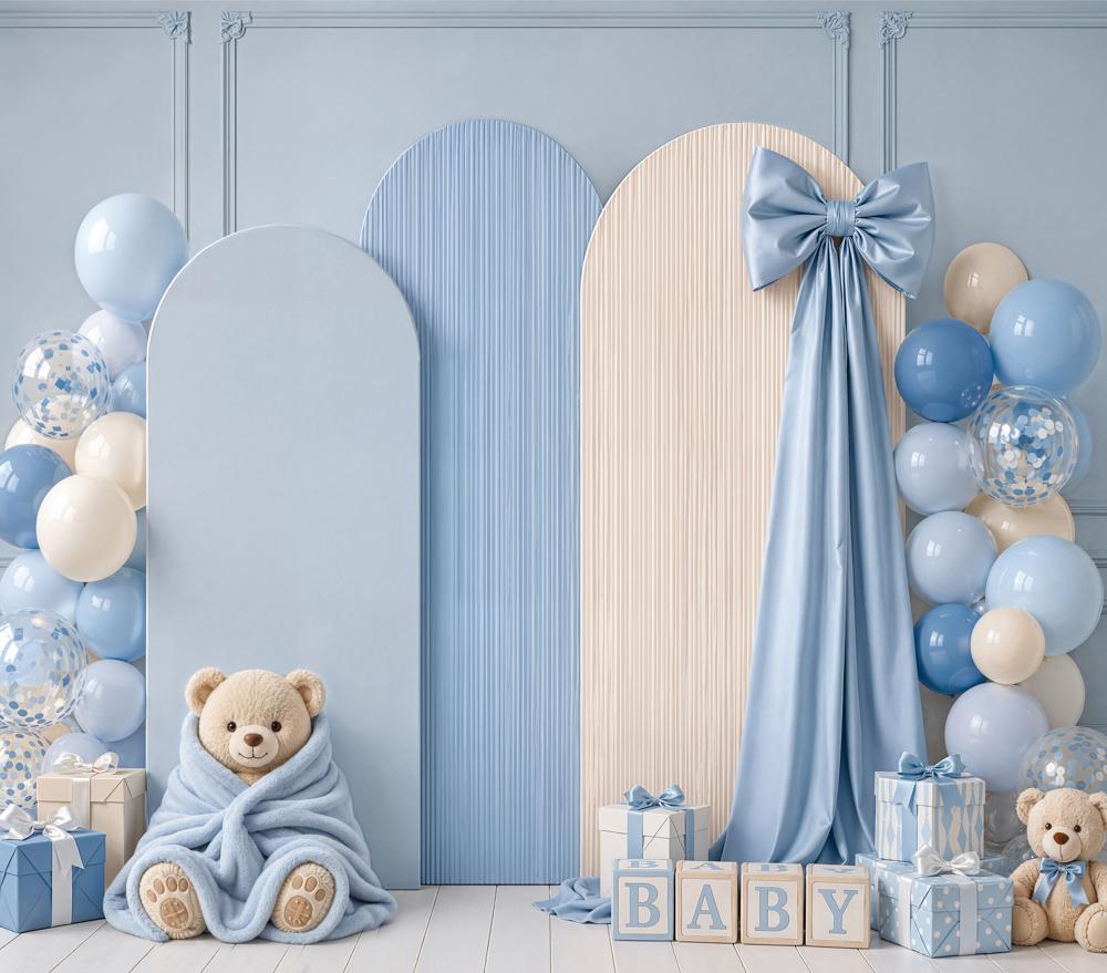 Kate Cake Smash Blue Teddy Bear Balloon Arch Bow Matte UV Printed Vinyl Backdrop